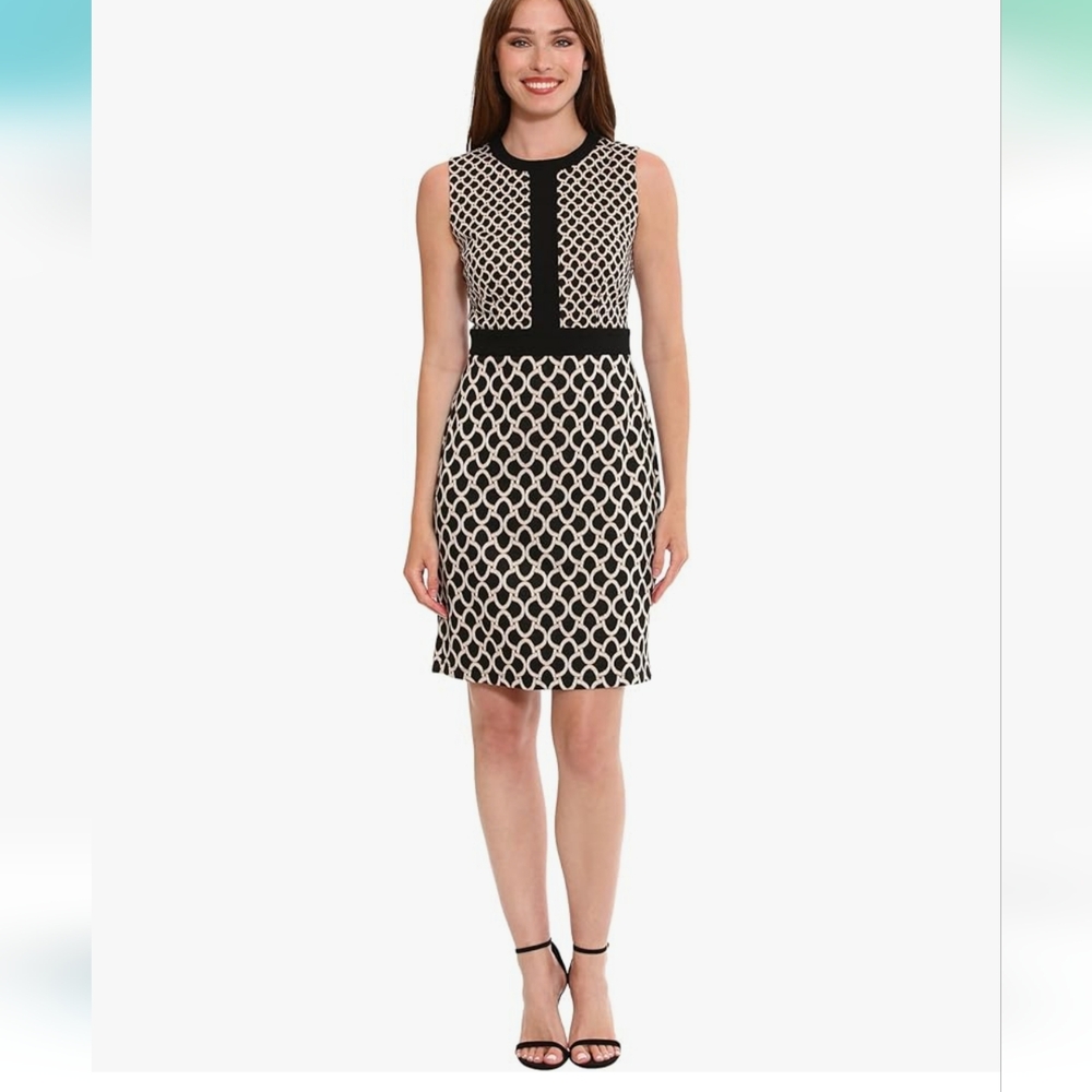 London Times  Geometric Sleeveless Black Gold Mini Dress Career Sz 10 Office